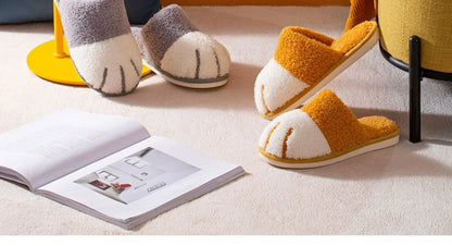 Shevalues Indoor Warm Plush Slippers For Women Men Cute Cat Paw Design House Fur Slippers Mute Flats Slides Indoor Fluffy Shoes