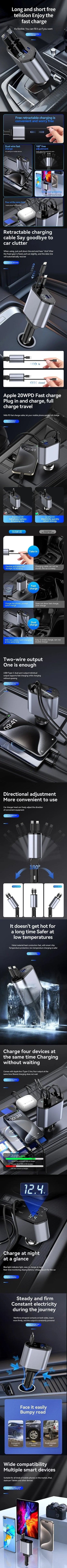 120W 4 IN 1 Car Charger with Retractable Cable and 2 USB Ports USB Type C Cigarette Lighter Adapter For IPhone Samsung Huawei