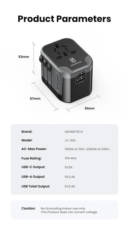ASOMETECH International Travel Adapter USB Charger 2 USB and 2 Type C Port All-in-one Wall Charger for US EU UK AUS Travel