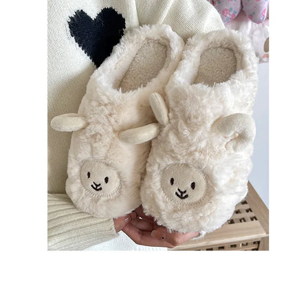 Women Home Fluffy Slippers Platform Anti Slip Comfortable Warm Shoes Cute Sheep Outdoor Couple Slippers Women Men Ladies Shoes