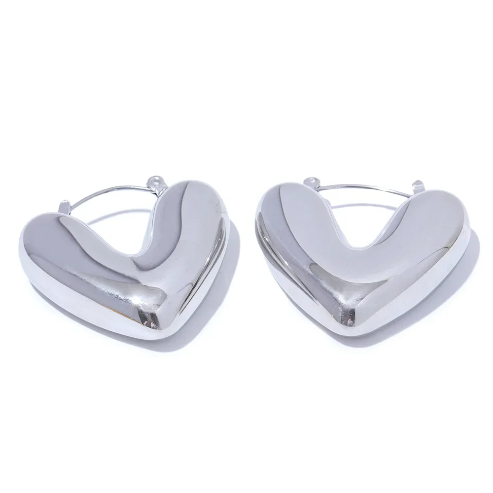 Yhpup Fat Fashion Stainless Steel Heart Chunky Hoop Earrings Charm Metal Texture Rust Proof Versatile Jewelry серьги тренд