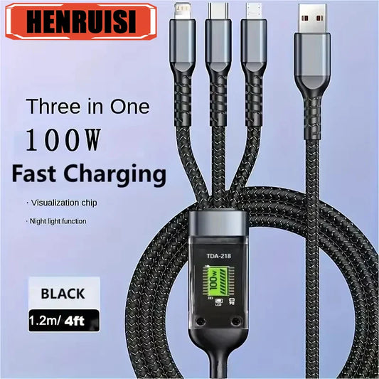 3 in 1 USB Cable 6A 100W Micro USB Type C Charging Cable For iPhone 16 15 14 13 12 Huawei Honor Xiaomi 13 ViVo Oppo Data Cord