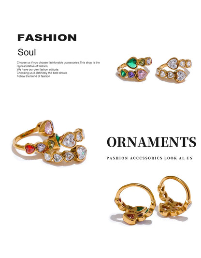 Yhpup Delicate Cubic Zirconia Heart Stainless Steel Gold Color Adjustable Fashion Open Ring High Quality Chic Charm Jewelry