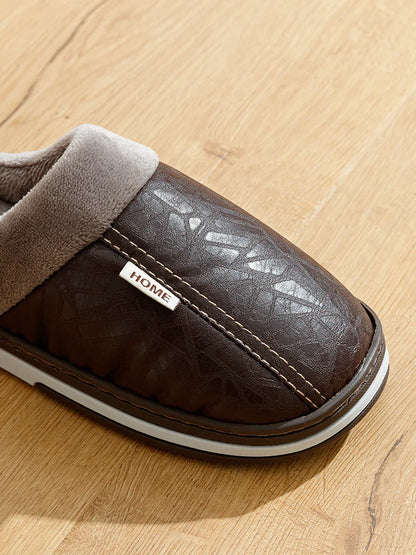 Men's Big Size Winter slippers Indoor PU Leather Home Waterproof Fluffy Casual Slides Men Bedroom Comfy Shoes Houseshoes