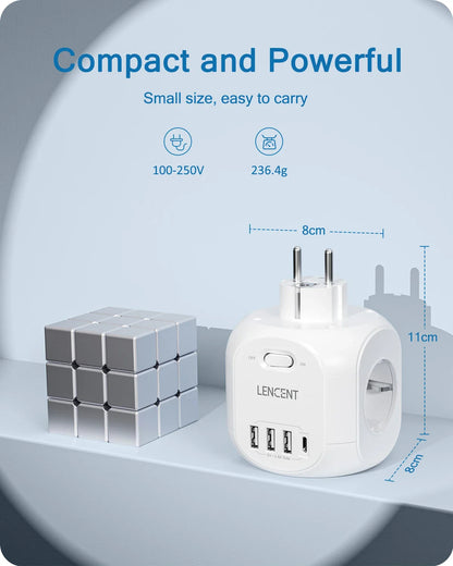 LENCENT EU Plug Wall Socket Extender with 4 AC Outlets+3 USB +1 Type C 5V/3A Charger Adapter 8-in-1 Socket On/Off Switch