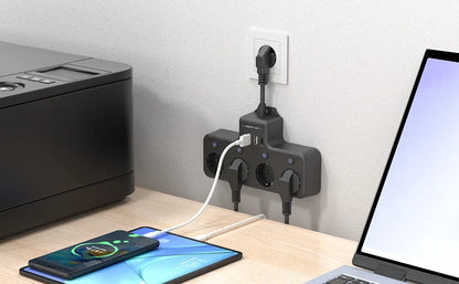 European plug power strip multi-contact socket with 3 USB and 1Type-C ports household power socket with switch surge protector