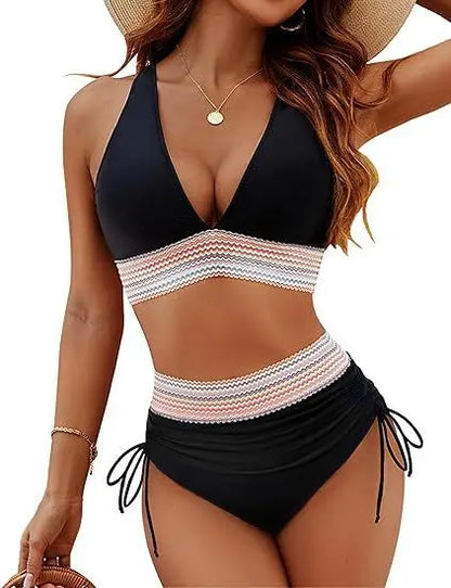 New 2025 Summer Beachwear Women Textured Bikini Set Wide Shoulder Belt Swimwear High Waist Push Up Bathing Suits Female Swimsuit