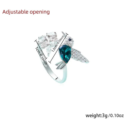 Fashionable hot selling new product, niche design, green hummingbird ring with adjustable opening