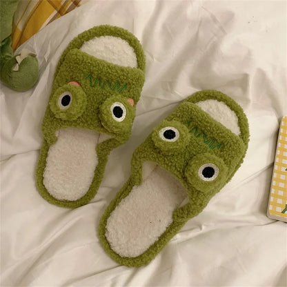 Women Faux Fur Slippers Cute Cartoon Frog Home Slipper Women Men Winter Warm Shoes Soft Plush Lovers Indoor House Floor Slides