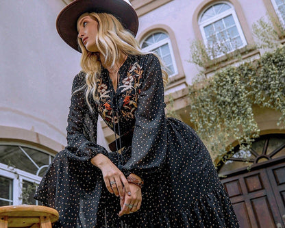 Embroidered Polka Dot Tie Neck Long Sleeve Midi Dress